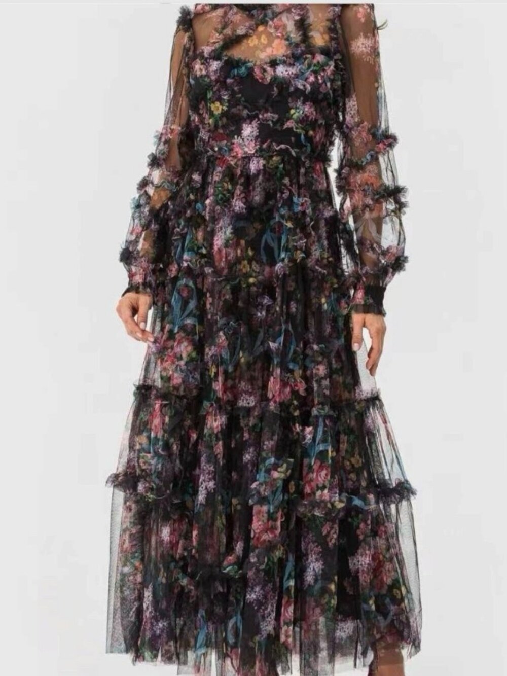 Romantic Elegant Floral Tulle Maxi Dress SZ L Black Ruffle Neck Layered Lined
